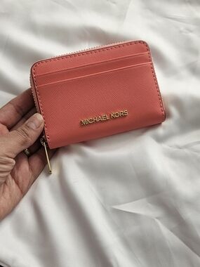 Michael Kors Pink Zip Card Case Wallet with Gold Hardware
